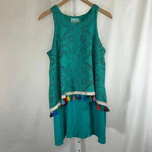 Judith March Size Large Tassel Dress Knee Length Lace Teal Sleeveless Party Boho